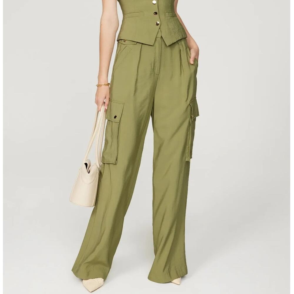Ramy Brook Emil Pants High Rise Pleated Front Wide Leg Cargo Pockets Green 16
